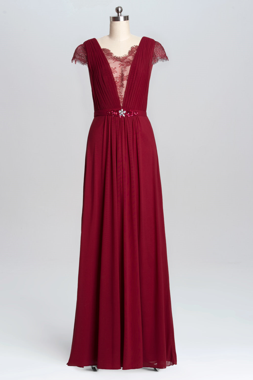 Wine Red A-Line Chiffon Long Bruidsmeisje Jurk met dopmouwen