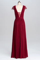 Wine Red A-Line Chiffon Long Bruidsmeisje Jurk met dopmouwen
