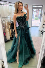 Strapless Hunter Green 3D Floral Lace A-Line Prom Dress with Slit
