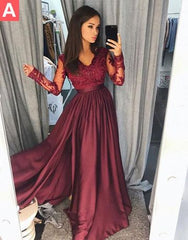 A Line Long Sleeves Burgundy/Pink/Navy Blue Lace Prom Dresses, Long Sleeves Burgundy/Pink/Navy Blue Lace Graduation Dresses