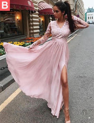 A Line Long Sleeves Burgundy/Pink/Navy Blue Lace Prom Dresses, Long Sleeves Burgundy/Pink/Navy Blue Lace Graduation Dresses