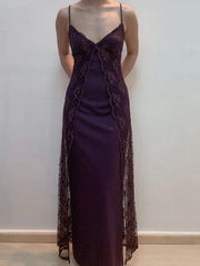 Charming V-neckline Purple Lace Straps A-line Prom Dress, Purple Long Formal Dress