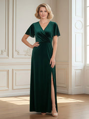 V-neck Flutter Sleeves Velvet Floor-length Dress With Slit Dark Green