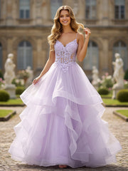 Spaghetti Strap Lace Bodice Tiered Ruffle Gown Lilac