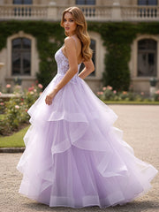 Spaghetti Strap Lace Bodice Tiered Ruffle Gown Lilac