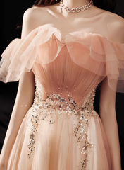A-line Pink Floor Length Party Dress Prom Dress, Pink Off Shoulder Formal Dress