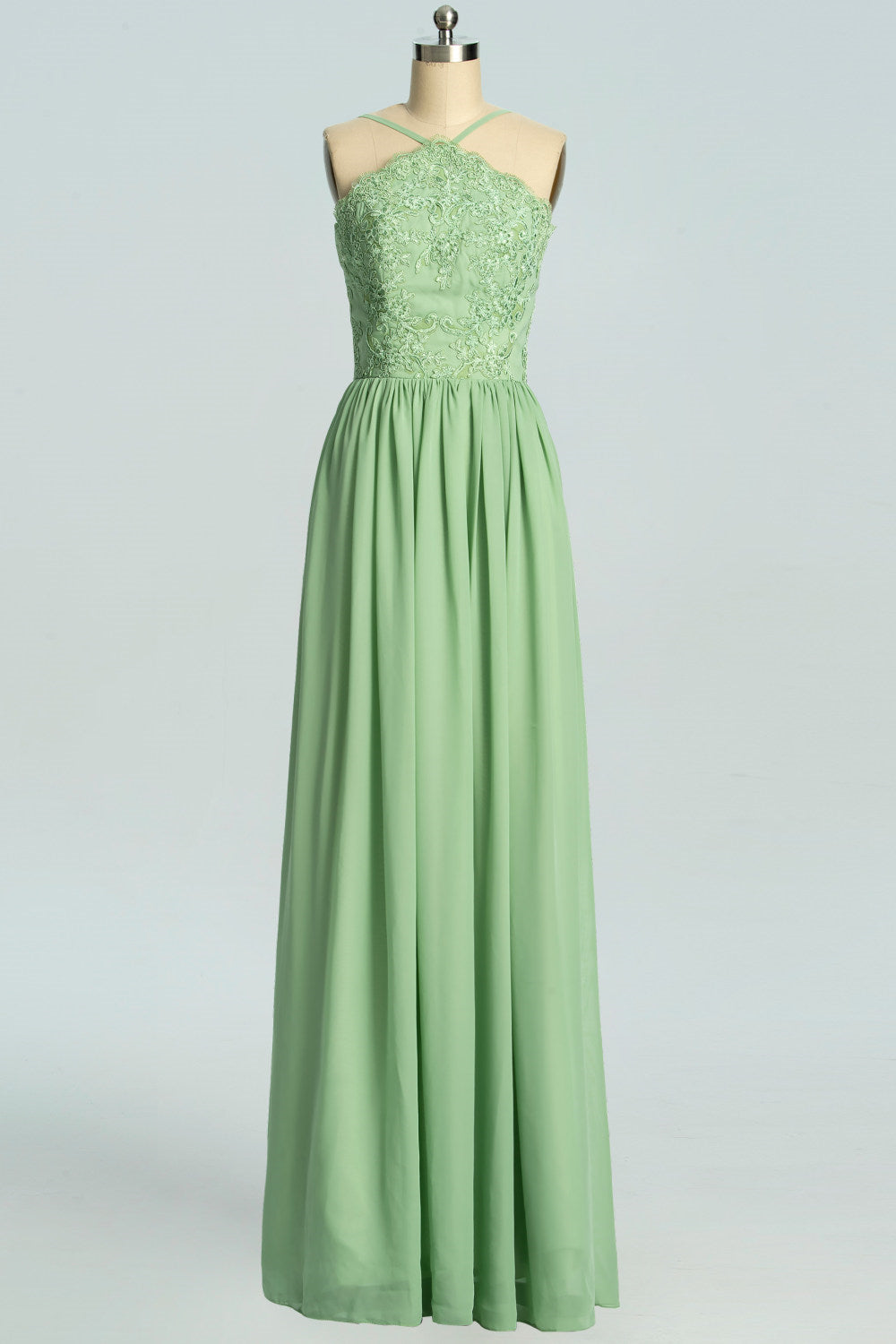 Riemen salie groene chiffon appliques lange bruidsmeisje jurk