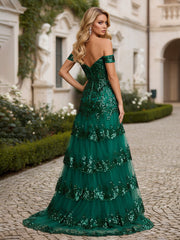 Off-Shoulder Sequin Lace Bodice Tiered Tulle Gown Dark Green