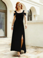 Cold Shoulder Sheath Velvet Long Dress With Slit Black