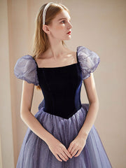 Purple tulle long prom dress, purple A line evening dress
