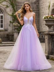 Glitter Tulle Skirt Appliqué V-Neck Lace-Up Ballgown Lilac