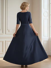 A-Line Scoop Half Sleeve Long Dress With Bow Dark Navy