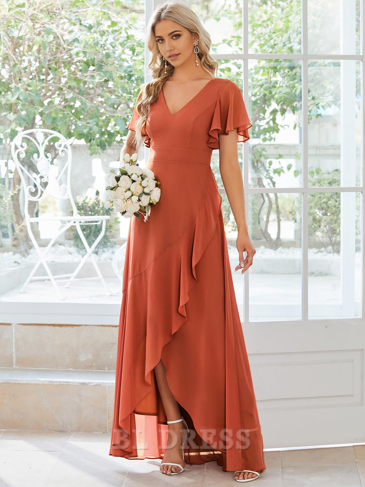 A Line Double V Neck Ruffle Hem Backless High Low Chiffon formal dresses Bridesmaid Dresses evening gown Prom Dress
