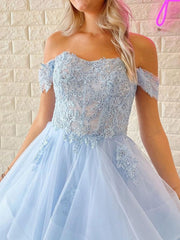 Blue Off Shoulder Tulle Lace Long Prom Dress, Blue Lace Graduation Dresses