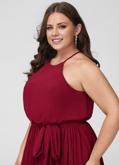 A-line low round neck bow floor mopping chiffon bridesmaid dress