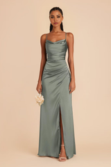 Mermaid Cowl Neck Spaghetti Straps formal dresses evening gown Bridesmaid Dresses with Slit