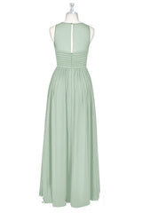 Sage Green Sheer Crew Neck Long Bridesmaid Dress