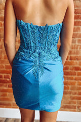 Periwinkle Appliques Strapless Sheer Bodice Ruched Short Dress