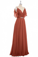 Roest oranje chiffon koude schouder lange bruidsmeisje jurk
