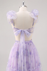 Ruffle Floral Print Lavender V-Neck A-Line Prom Dress with Side Cutout
