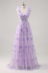Ruffle Floral Print Lavender V-Neck A-Line Prom Dress with Side Cutout