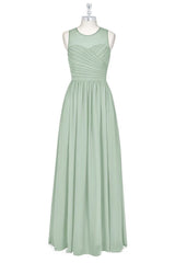 Salie groene chiffon pure nek a-line lange bruidsmeisje jurk