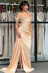 Off the Shoulder Champagne Mermaid Prom Dress with Rhinestone