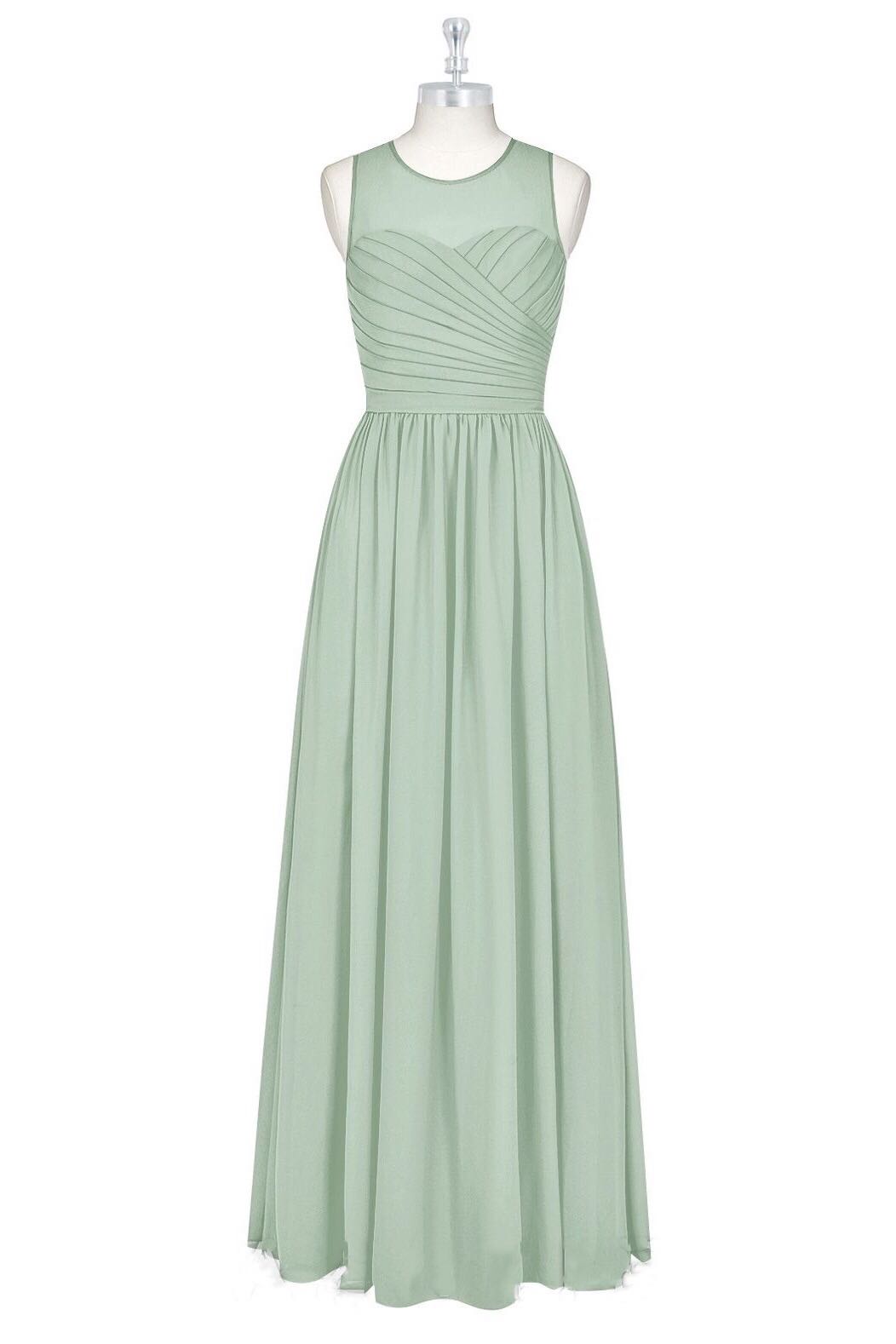 Salie groene chiffon pure nek a-line lange bruidsmeisje jurk