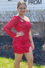 Black Sequin One-Sleeve Keyhole Short Party Dress
