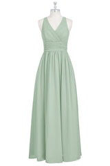 Sage Green V-Neck Backless A-Line Bruidsmeisje Jurk