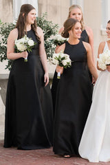 Black Round Neck Cutout Back A-Line Long Dress