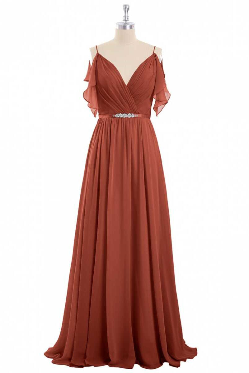 Roest oranje chiffon koude schouder lange bruidsmeisje jurk