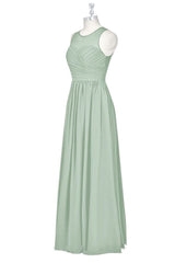 Sage Green Sheer Crew Neck Long Bridesmaid Dress