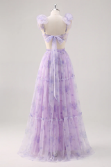 Ruffle Floral Print Lavender V-Neck A-Line Prom Dress with Side Cutout