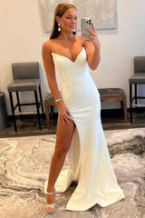 White Strapless Mermaid Long Prom Dress with Bead Trimmed Slit