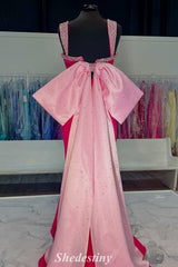 Fuchsia Rhinestone Square Neck Mermaid Fitted Prom Dress with Bow Back