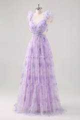 Ruffle Floral Print Lavender V-Neck A-Line Prom Dress with Side Cutout