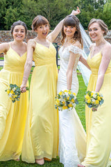 Yellow Chiffon Spaghetti Straps A-Line Long Bridesmaid Dress
