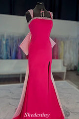 Fuchsia Rhinestone Square Neck Mermaid Fitted Prom Dress with Bow Back