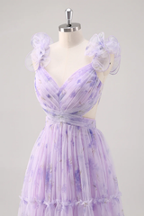 Ruffle Floral Print Lavender V-Neck A-Line Prom Dress with Side Cutout