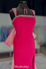 Fuchsia Rhinestone Square Neck Mermaid Fitted Prom Dress with Bow Back