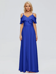Thin shoulder strap ruffled chiffon and floor length bridesmaid dress