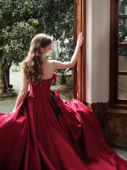 Burgundy satin long prom dress, burgundy evening dress