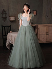 Green tulle long prom dress, green tulle formal dress