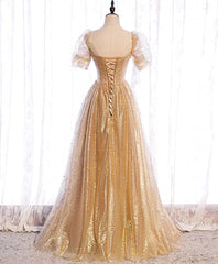 Gold tulle v neck long prom dress gold tulle formal dress