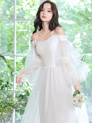 Simple white tulle long prom dress, white tulle formal dress