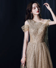 Champagne tulle one shoulder long prom dress tulle evening dress