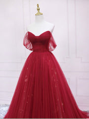 Burgundy sweetheart tulle long prom dress, burgundy evening dress