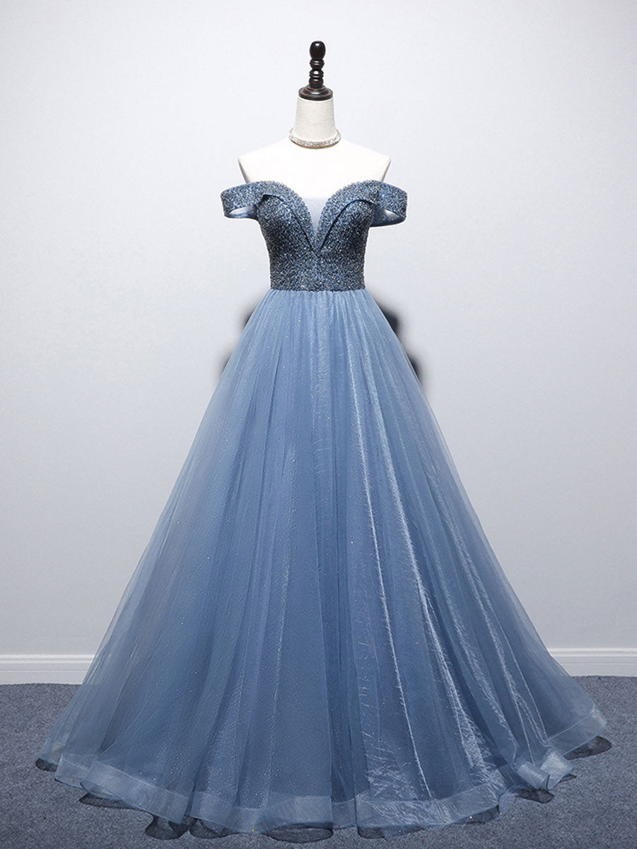 Unique blue tulle beads long prom dress, blue tulle evening dress