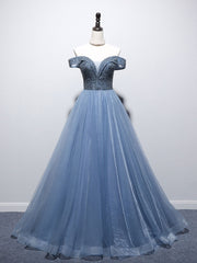 Unique blue tulle beads long prom dress, blue tulle evening dress